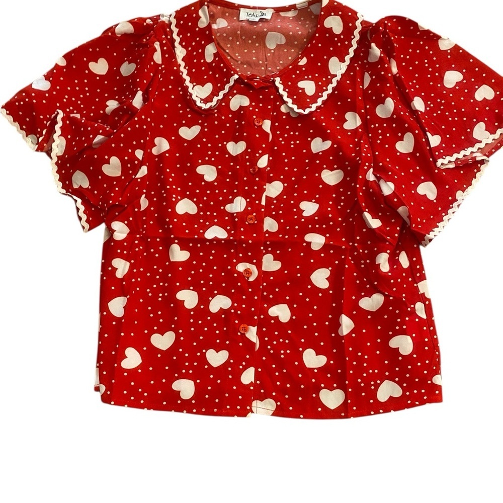 Women’s Red Heart Print Cottagecore Blouse Peter Pan Collar New size Large